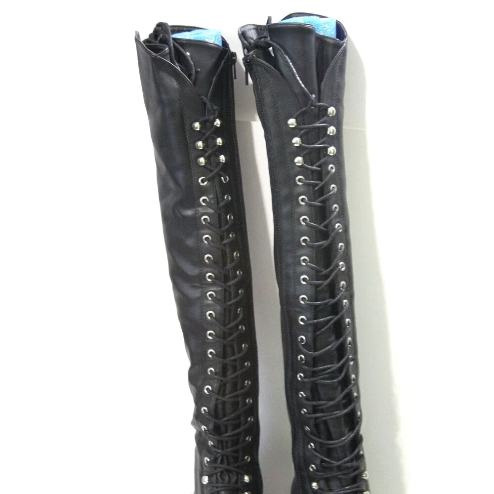 Black Thigh High Low Block Heel Boots Womens Size 7.5 Over the Knee Lace Up Tall